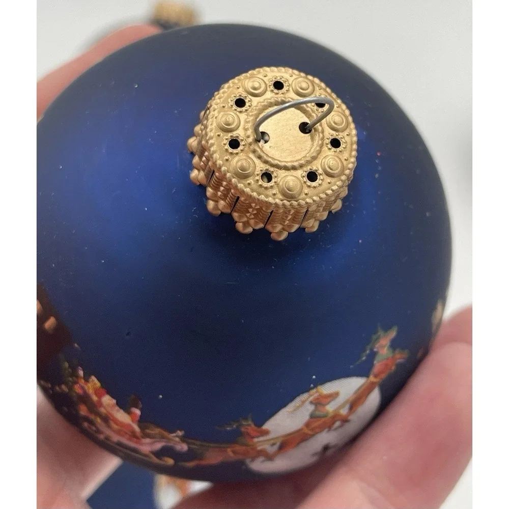 Vtg. Christmas Ornaments Krebs Set / 9 Sapphire Blue Santa's Sleigh City Skyline